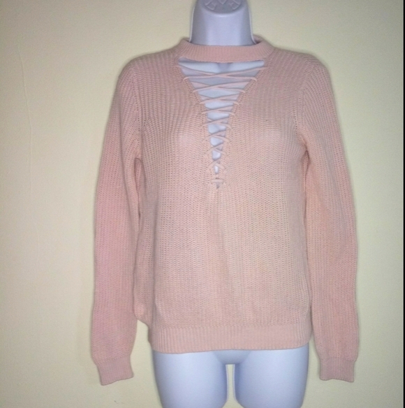 Light Pink Criss Cross Choker Neck Sweater - Picture 6 of 9